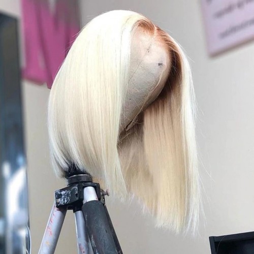 Blonde Ombre Wig Straight Hair Undetectable Lace 13×4 Front Short Blonde Bob Wig