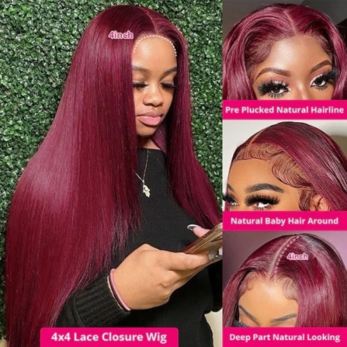 30 Inch Burgundy 99J Straight 13x4 Lace Frontal Human Hair Wigs