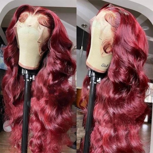 30 Inch Burgundy 99j Straight Colored Human Hair Wigs Middle T Part Lace Wig