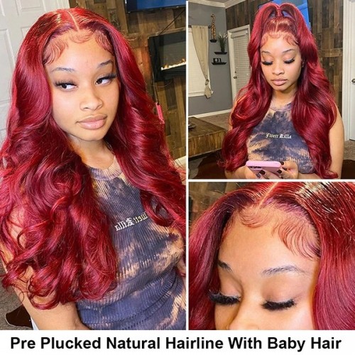 99J Burgundy Glueless 13x4 HD Lace Front Wigs Body Wave Pre-plucked Colored Human Hair Wigs