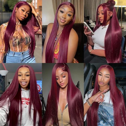Burgundy 99J 13x4 HD Lace Front Wig Brazilian Straight Colored Human Hair Wigs For Women