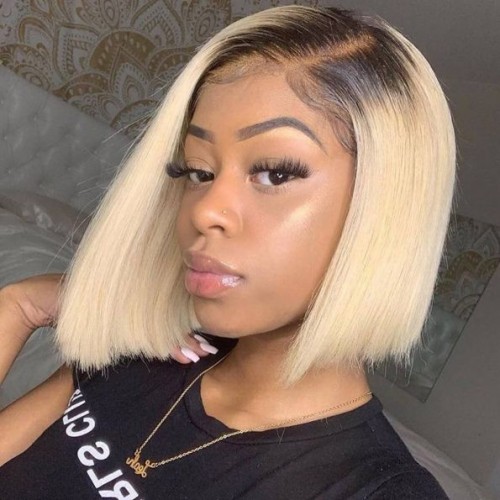 Get a chic short blonde bob look with this straight blonde ombre wig featuring undetectable lace and a 13x4 front