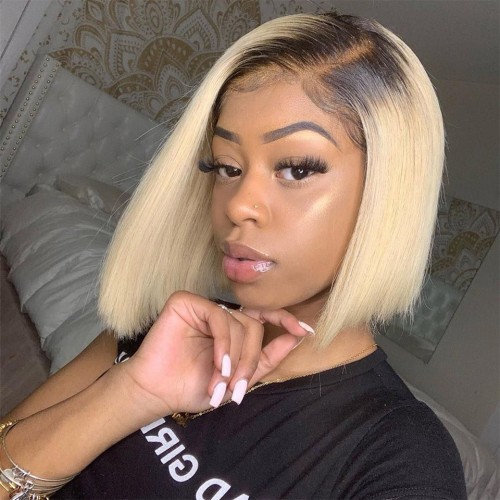 Get a chic short blonde bob look with this straight blonde ombre wig featuring undetectable lace and a 13x4 front
