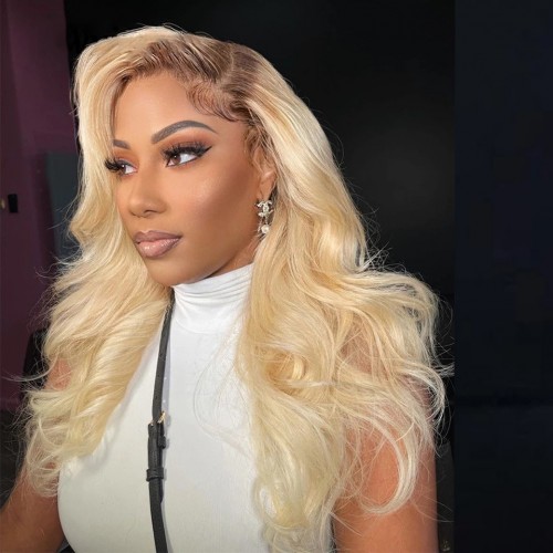 Elevate your style with this ombre blonde lace front wig, crafted from straight and body wave human hair for an elegant look