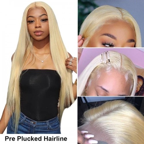 Experience the allure of 30-inch glueless 613 blonde long human hair wigs They feature straight hair and a 13x4 HD transparent lace frontal