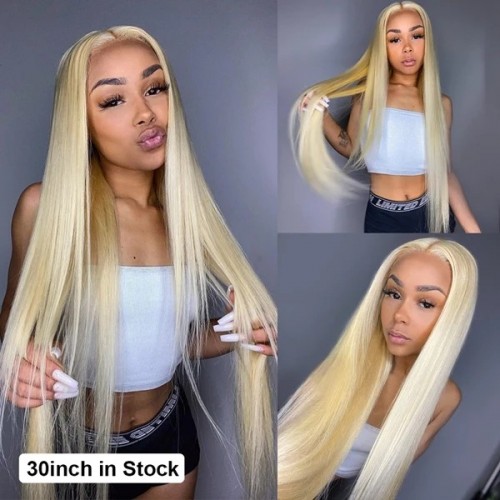Experience the allure of 30-inch glueless 613 blonde long human hair wigs They feature straight hair and a 13x4 HD transparent lace frontal