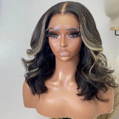Get a stunning look with a blonde highlight loose wave glueless wig, featuring Mismarialee's 5x5 HD lace closure and a BOB style
