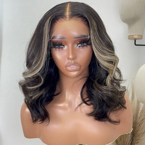 Get a stunning look with a blonde highlight loose wave glueless wig, featuring Mismarialee's 5x5 HD lace closure and a BOB style