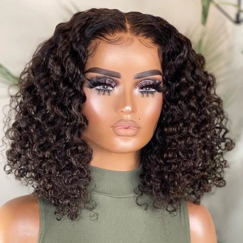 Achieve a stylish curly bob look with easy laceless installation using Mismarialee's 5x5 skin-like real HD lace closure wig