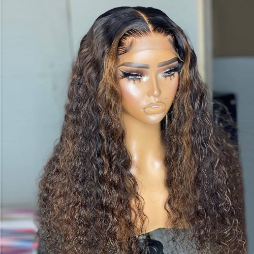 Unleash your inner water wave with a brown-highlighted wig and Mismarialee's 5x5 skinlike real HD lace closure