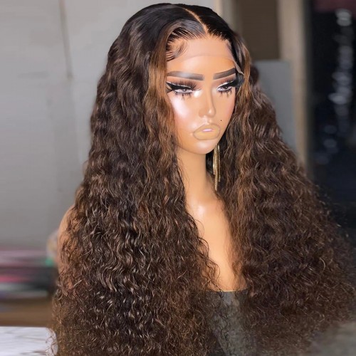 Unleash your inner water wave with a brown-highlighted wig and Mismarialee's 5x5 skinlike real HD lace closure
