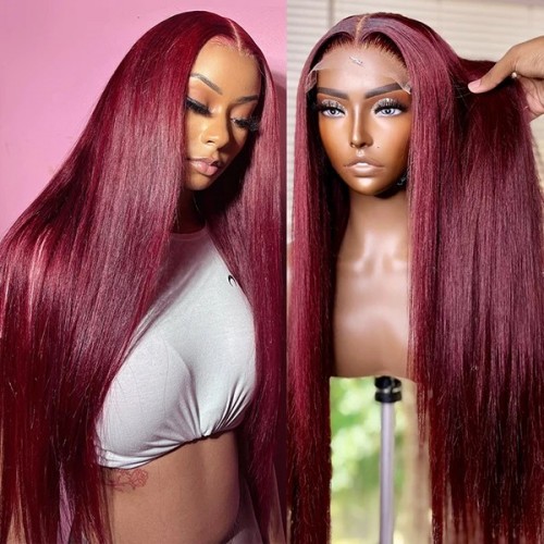 Straight 99J Burgundy Lace Closure Wig - Pre-Plucked, Colored Human Hair