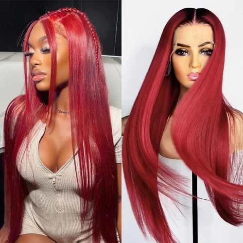 Middle T-Part Lace Wig in 99J Burgundy - 30-Inch Body Wave, Colored Hair