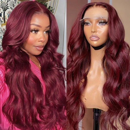 Burgundy Body Wave Human Hair Wig - No Glue Needed, 13x4 HD Lace Front