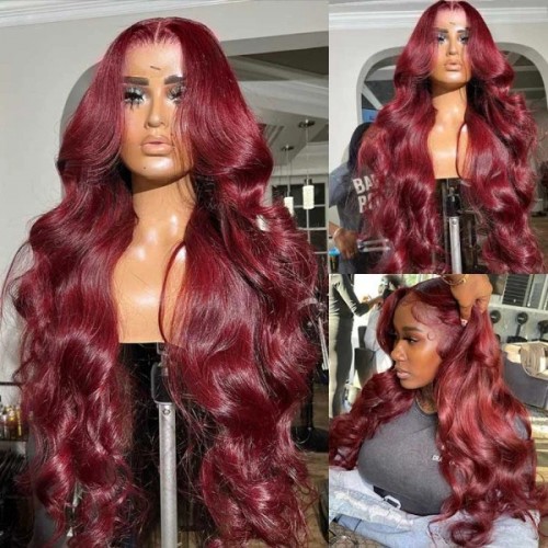 Burgundy Body Wave Human Hair Wig - No Glue Needed, 13x4 HD Lace Front