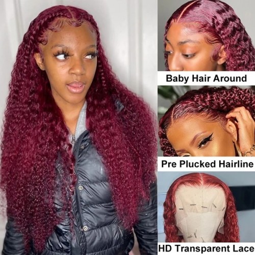 Curly 99J Burgundy Lace Front Wig with Baby Hair - Colored Human Hair