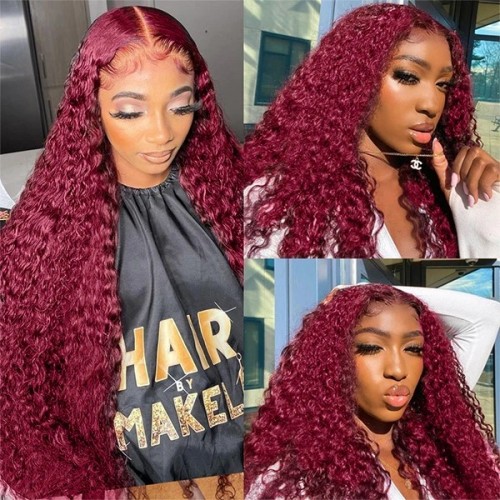 Curly 99J Burgundy Lace Front Wig with Baby Hair - Colored Human Hair