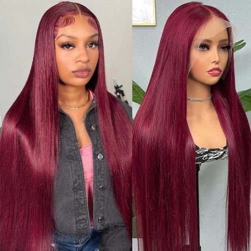 Brazilian Straight 99J Burgundy Lace Front Wig - 13x4 HD Lace for Women