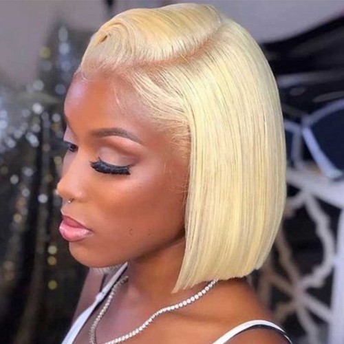 Blonde Bob Lace Wig made with Brazilian Human Hair, Straight Style, Transparent Lace, and 180% Density