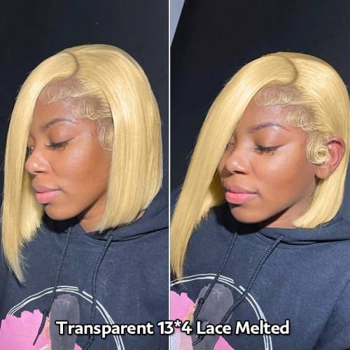 Blonde Bob Lace Wig made with Brazilian Human Hair, Straight Style, Transparent Lace, and 180% Density