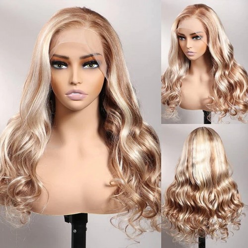 Brown Wig with Blonde Highlights, 13x4 Undetectable Invisible HD Lace Front Human Hair Wigs