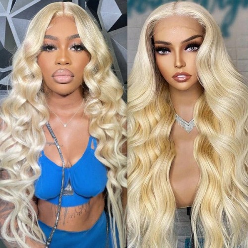 GORGEOUS 613 BLONDE HD TRANSPARENT BODY WAVES IN A 13*4 LACE FRONT HUMAN HAIR WIG