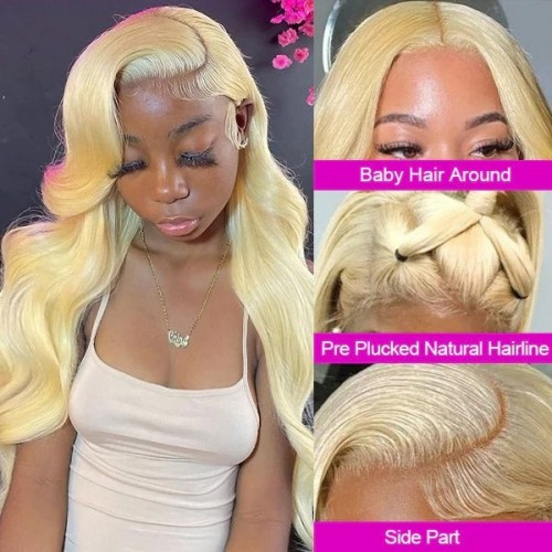 GORGEOUS 613 BLONDE HD TRANSPARENT BODY WAVES IN A 13*4 LACE FRONT HUMAN HAIR WIG