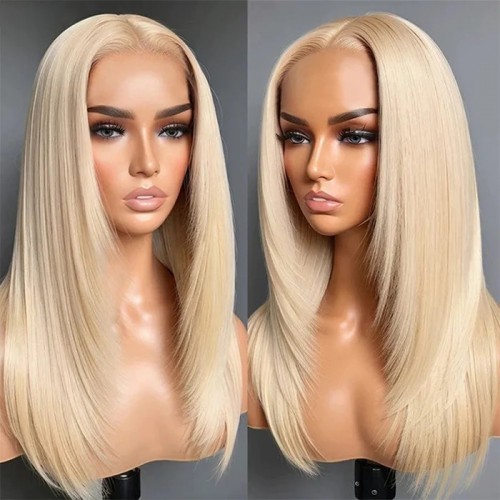 CHIC LAYERED CUT 613 BLONDE STRAIGHT GLUELESS 13X4 HD LACE FRONT 100% HUMAN HAIR WIG