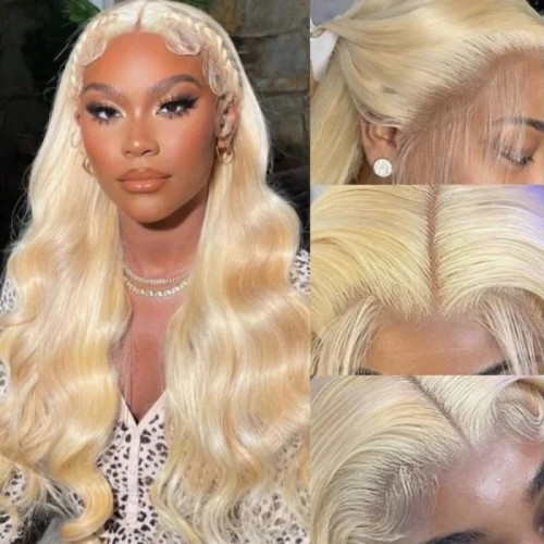 PRE-PLUCKED 613 BLONDE HUMAN HAIR WIG IN BODY WAVE WITH 13X4 HD LACE, GLUELESS AND HONEY BLONDE