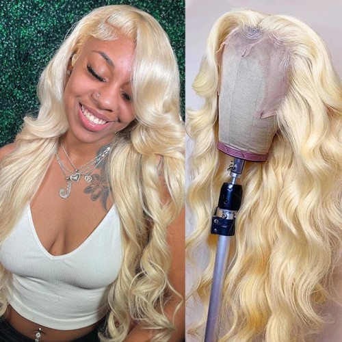 PRE-PLUCKED 613 BLONDE HUMAN HAIR WIG IN BODY WAVE WITH 13X4 HD LACE, GLUELESS AND HONEY BLONDE