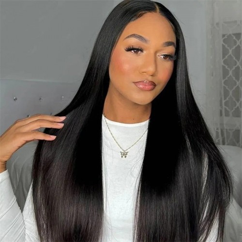 HUOKONG HAIR BREATHABLE AIR CAP STRAIGHT WIG - NO GLUE NEEDED, PRE-CUT LACE FRONT, 4X4/5X5/13X4 HUMAN HAIR WIGS, BLEACHED KNOTS