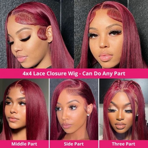 99J BURGUNDY STRAIGHT LACE CLOSURE WIG - PRE-PLUCKED, COLORED HUMAN HAIR