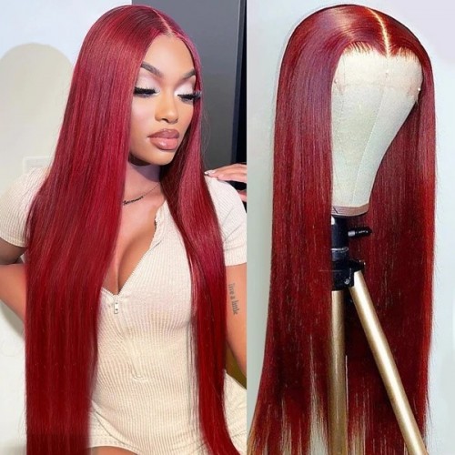 99J BURGUNDY MIDDLE T-PART LACE WIG - 30-INCH BODY WAVE, COLORED HAIR