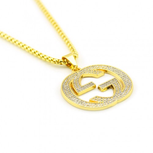 2024 New Accessories European and American Geometric Gold Inlaid Diamond Hollow Long Necklace Men's Pendant