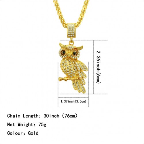 Factory Direct Sales of European and American Explosive Jewelry Wholesale Punk Hip-hop Personality Owl Inlaid Diamond Pendant Men's Necklace