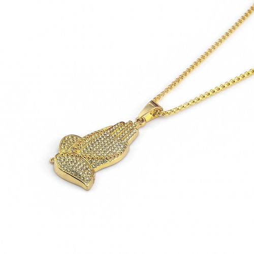 European and American Hip-hop Style 14K Gold Men's Buddha Hand Inlaid Diamond Pendant Necklace 30-Inch Big Gold Chain Factory Direct Sales