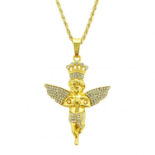 New Accessories Angel Crown Inlaid Diamond Pendant Necklace European and American Hip-hop Personalized Men and Women's Pendant
