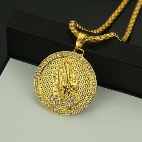 Foreign Trade AliExpress Explosive Hip-hop Round Praying Hand Necklace European and American Personalized Exaggerated Men's Buddha Hand Pendant Pendant