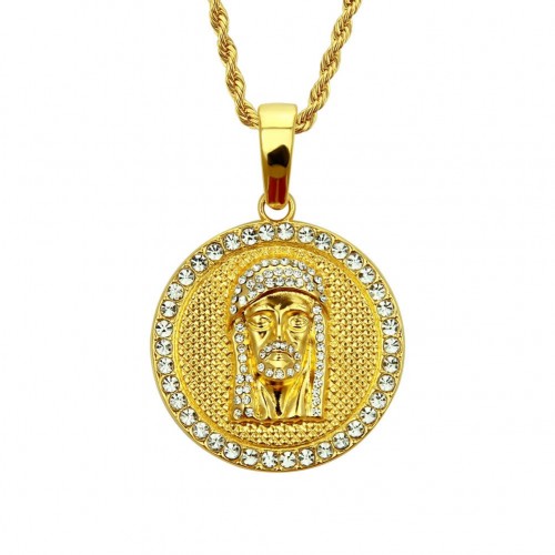 Foreign Trade New Inlaid Diamond Jewelry Necklace Portrait Big Round Tag Alloy Pendant European and American Hip-Hop Accessories