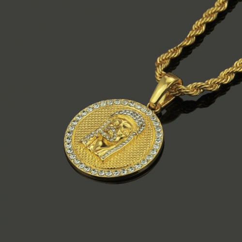 Foreign Trade New Inlaid Diamond Jewelry Necklace Portrait Big Round Tag Alloy Pendant European and American Hip-Hop Accessories