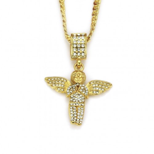 Foreign Trade Jewelry New 18K Gold Alloy Inlaid Diamond Angel Wing Necklace Hip-Hop Pendant Manufacturer Spot Wholesale