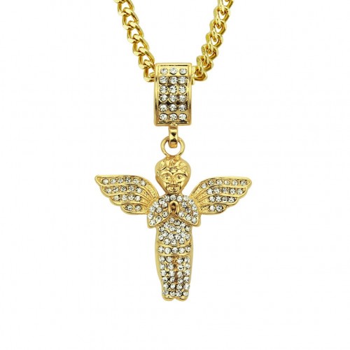 Foreign Trade Jewelry New 18K Gold Alloy Inlaid Diamond Angel Wing Necklace Hip-Hop Pendant Manufacturer Spot Wholesale
