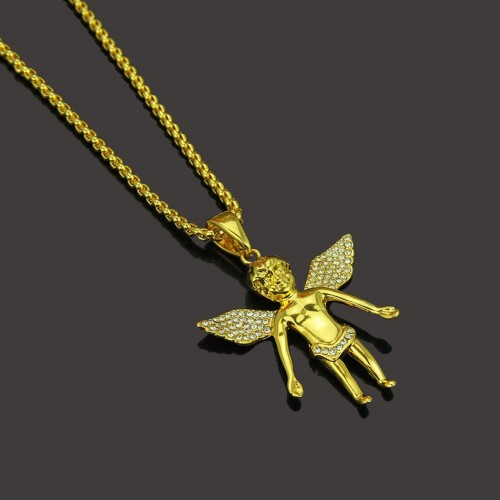 AliExpress New 18K Gold Inlaid Diamond Angel Pendant Necklace hip-hop Hip-Hop Angel Collarbone Chain Accessories Spot