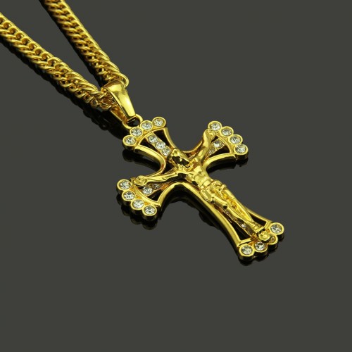 European and American Trendy Brand Street Dance Hip-Hop Alloy Inlaid Diamond Cross Pendant Necklace Manufacturer Spot Direct Supply