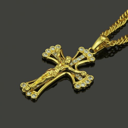 European and American Trendy Brand Street Dance Hip-Hop Alloy Inlaid Diamond Cross Pendant Necklace Manufacturer Spot Direct Supply