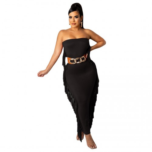 YY5320 Women's Strapless Sleeveless Slim Fringed Maxi Dress, Backless, Independent Store, Belt Not Included