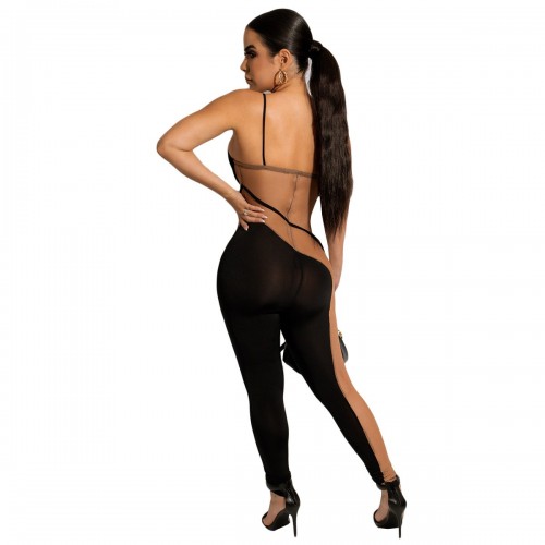 YY5341 European and American Women's Solid Color Mesh Splice Jumpsuit, Sexy Single Shoulder Backless Strap Pants