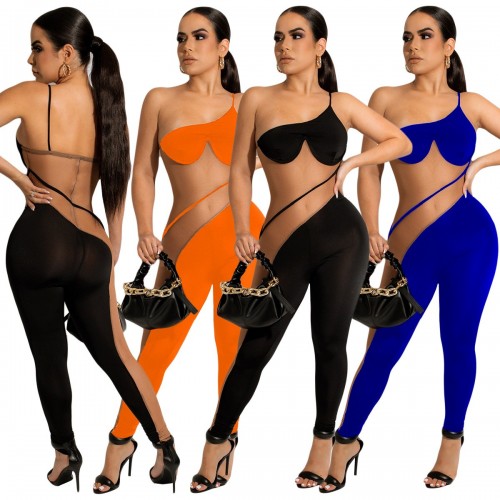 YY5341 European and American Women's Solid Color Mesh Splice Jumpsuit, Sexy Single Shoulder Backless Strap Pants