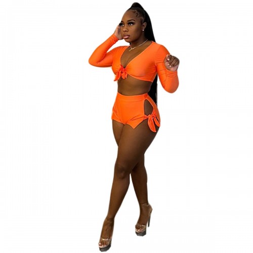 YY5342 Solid Color Sports Women's Two-piece Set, Sexy Tied Belly Short Pants Suit, Stylish Summer Women's Clothing