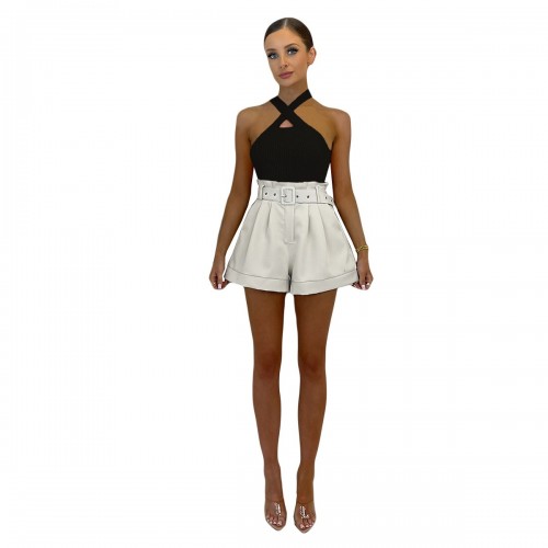 YY5348 European and American Women's Pure Color Casual Set, Jumpsuit, Wide Leg Shorts, Belt, Three-piece Set, Independent Store